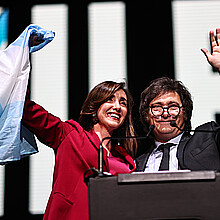 Argentinian President Javier Milei and Vice President Victoria Villarruel during the closing of their campaign in Buenos Aires in October 2023