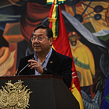 Bolivian President Luis Arce speaks during a press conference after the failed coup d'état in June 2024