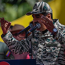 Venezuelan Dictator Nicolas Maduro speaks during a rally on the 22nd anniversary of the coup against Hugo Chavez