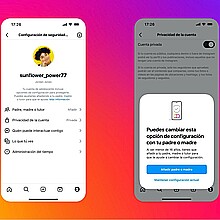 Fotografía cedida por Meta donde se muestra la interfaz de configuración de seguridad de una Cuenta de Adolescente en Instagram