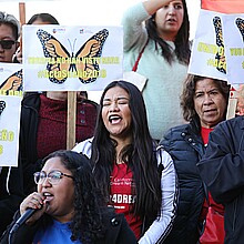 People protest the inaction of congress on the Deferred Action for Childhood Arrivals program (DACA) at the Federal Building in Los Angeles, California in 2017