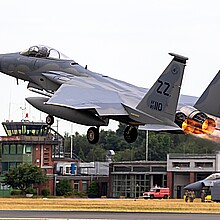 US Air Force F-15C Eagle fighter jet from Massachusetts Air National Guard taking off from Wunstorf Air Base during NATO exercise Air Defender 23. Wunstorf, Germany - June 15, 2023